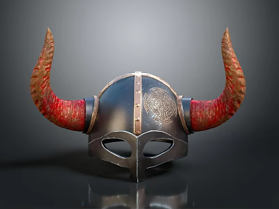 Decorative Viking Helmet With Red Horns And Intricate Metal Engraved Design 3d model