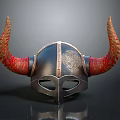 Decorative Viking Helmet With Red Horns And Intricate Metal Engraved Design