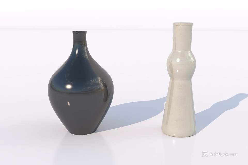 Stylish Black And White Ceramic Vessels Featuring Rounded And Tall Designs On White Surface 3d model 