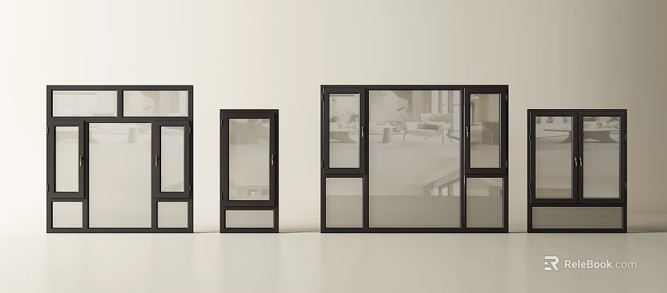 Modern Casement Windows Featuring Black Frames Transparent Glass And Various Sizes 3d model