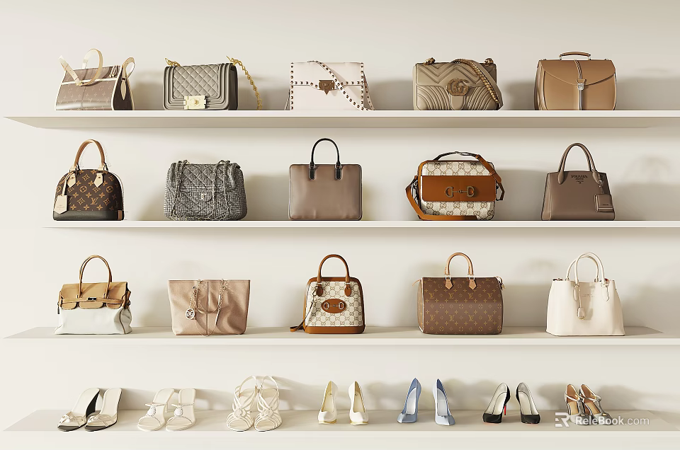 Stylish Women's Shoes Displayed On Lower Shelf With Assorted Designer Handbags 3d model 