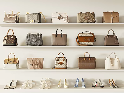 Stylish Women's Shoes Displayed On Lower Shelf With Assorted Designer Handbags 3d model