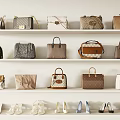 Stylish Women's Shoes Displayed On Lower Shelf With Assorted Designer Handbags