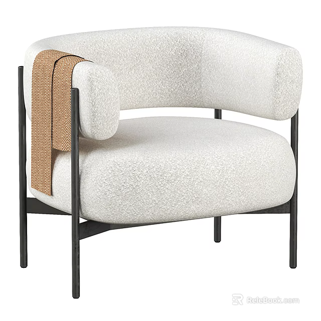 White Fluffy Single Sofa with Round Arms Black Metal Legs and Brown Blanket 3d model 