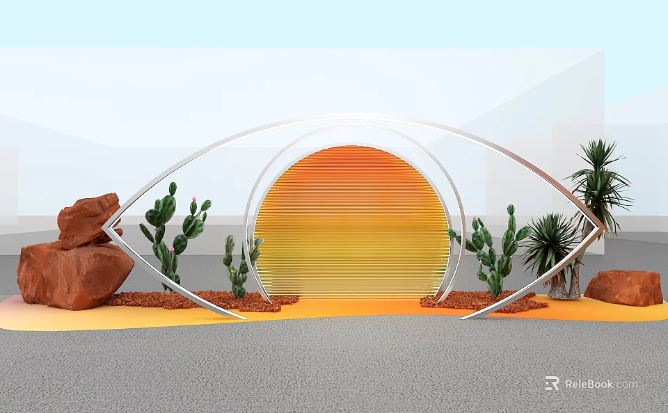 Modern Floral Installation Design With Arched Metal Frame Orange Gradient Backdrop Cacti And Decorative Stones 3d model 