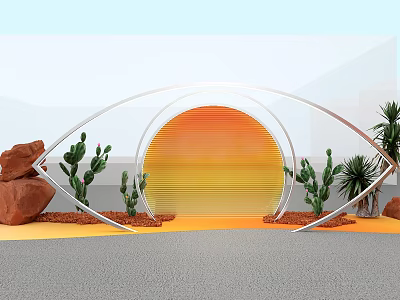 Modern Floral Installation Design With Arched Metal Frame Orange Gradient Backdrop Cacti And Decorative Stones 3d model