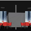 Elegant Modern Private Dining Room with Red Chairs Dining Table Waterfall Wall Decor and Lighting 3d model