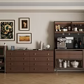 Brown Sideboard With Drawers Decorative Paintings Coffee Machine Cups On Wooden Floor
