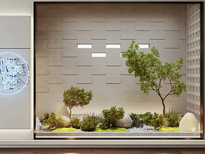 Mini Garden Decorative Scene With Small Trees Bushes Stones And Textured Wall Background 3d model