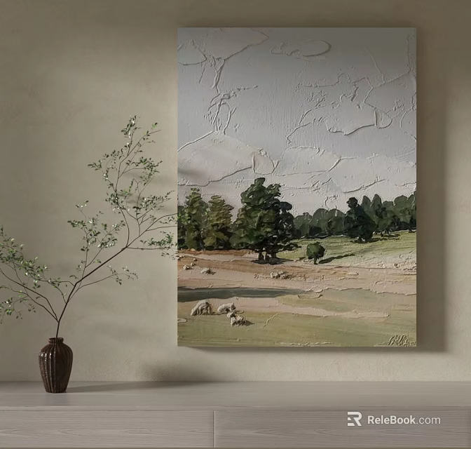 Landscape Painting With Green Meadow Trees Sheep And Cloudy Sky 3d model 