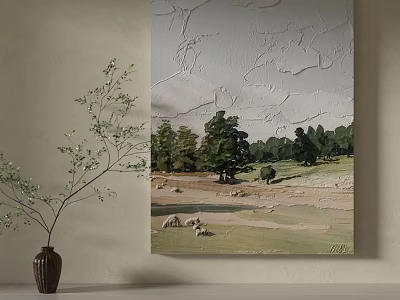 Landscape Painting With Green Meadow Trees Sheep And Cloudy Sky 3d model