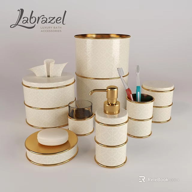Elegant Daily Washing Essentials White Containers with Golden Trim Including Soap Dish Dispenser Toothbrush Holder 3d model 