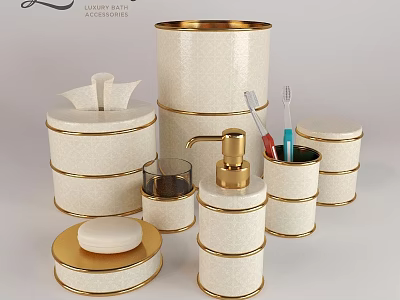 Elegant Daily Washing Essentials White Containers with Golden Trim Including Soap Dish Dispenser Toothbrush Holder 3d model