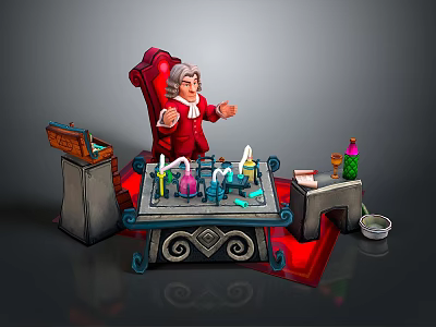 Vintage Household Supplies On Wooden Table With Red Chair Cabinets Tools And Bucket 3d model