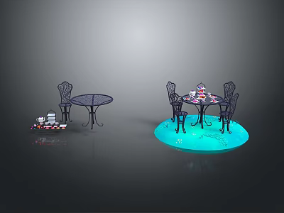 Elegant Round Table And Chairs Furniture Set With Cake And Blue Glow 3d model