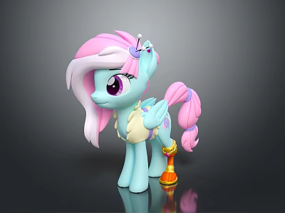 Blue Pony Character with Pink Mane and Tail Winged Standing Next to Golden Toy Accessory 3d model