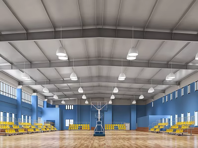 Basketball Gymnasium Interior With Blue Walls Yellow Seats Wooden Flooring And Ceiling Lights 3d model