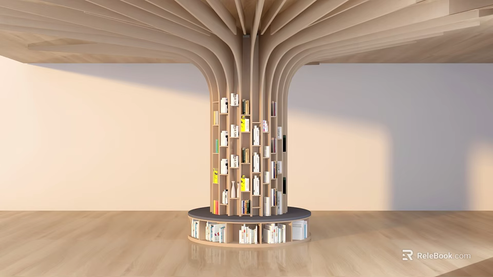 Curved Modern Pillar With Layered Structure As Bookshelf Holding Books And Decor In Wooden Interior 3d model 