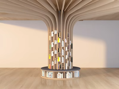 Curved Modern Pillar With Layered Structure As Bookshelf Holding Books And Decor In Wooden Interior 3d model