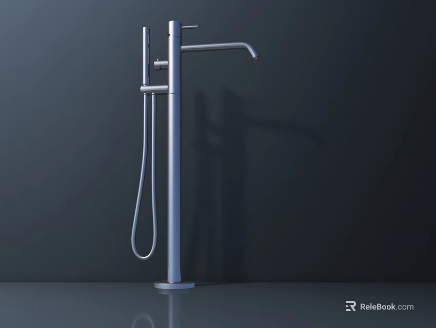 Modern Silver Faucet With Handheld Shower And Reflection On Dark Background 3d model 