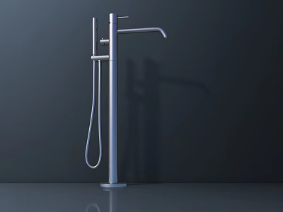 Modern Silver Faucet With Handheld Shower And Reflection On Dark Background 3d model