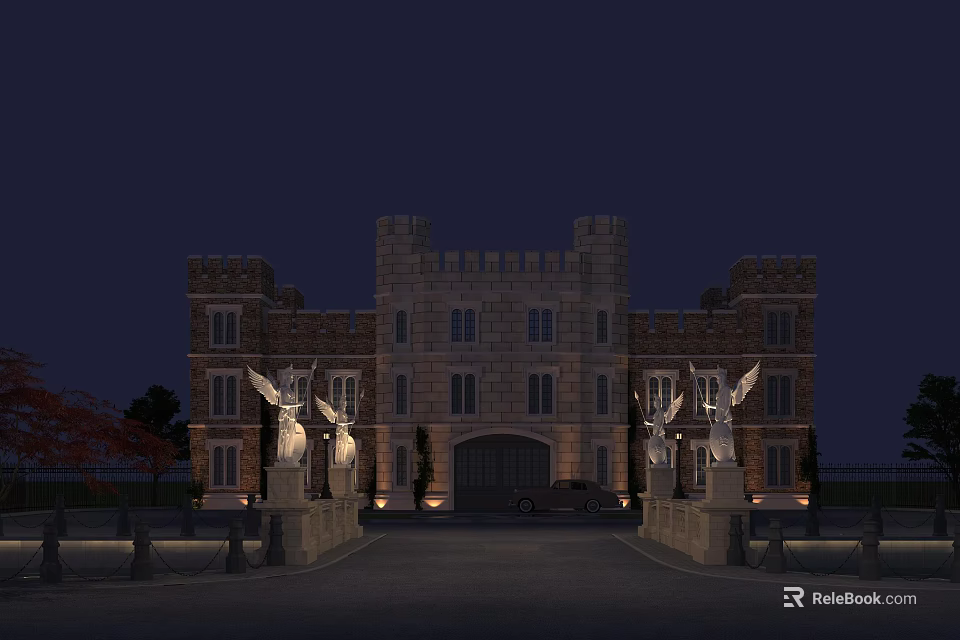 Historic Ancient Architecture Night View With Illuminated Stone Towers And Statues At Grand Entrance 3d model 