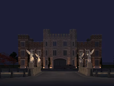Historic Ancient Architecture Night View With Illuminated Stone Towers And Statues At Grand Entrance 3d model