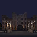 Historic Ancient Architecture Night View With Illuminated Stone Towers And Statues At Grand Entrance