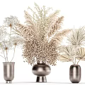 Silver Metallic Decorative Vases With Dried Pampas Grass And Palm Leaves Arrangement