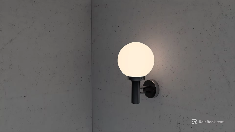 Minimalist Modern Wall Lamp on Gray Concrete Wall with White Spherical Lampshade and Black Pole 3d model 