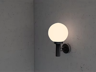 Minimalist Modern Wall Lamp on Gray Concrete Wall with White Spherical Lampshade and Black Pole 3d model