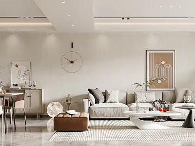 Modern Minimalist Living And Dining Room Interior With Sofa Coffee Table And Decorative Paintings 3d model