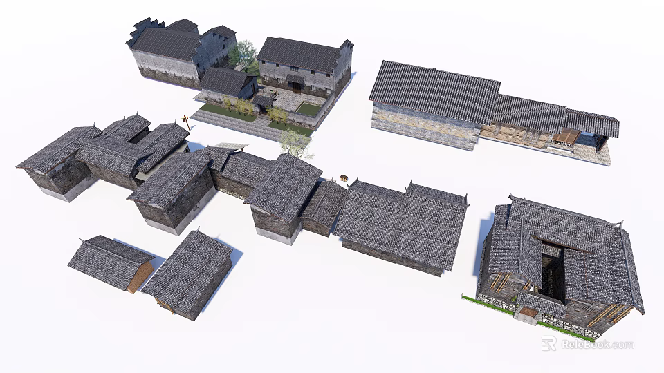 Traditional Chinese Ancient Village Architecture With Gray Tile Roofs And Courtyard Houses 3d model 