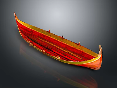Red and Gold Wooden Boat with Decorative Hull on Dark Reflective Background 3d model