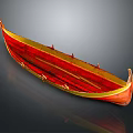 Red and Gold Wooden Boat with Decorative Hull on Dark Reflective Background