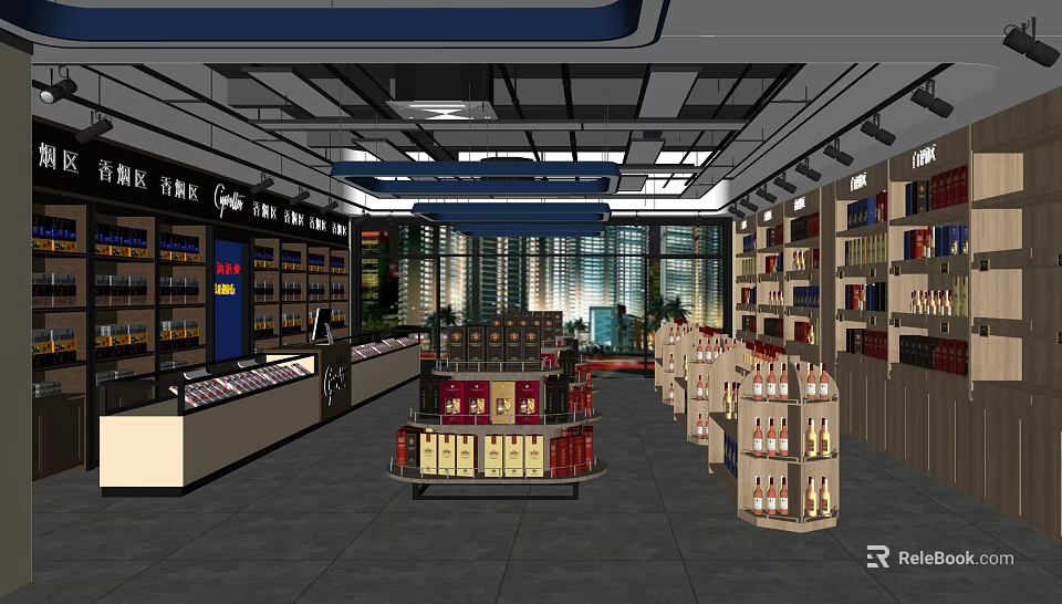 Tobacco and Liquor Store Interior With Shelves Display Cabinets Alcohol Bottles And Tobacco Products 3d model 