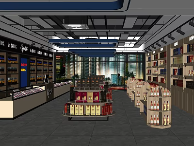 Tobacco and Liquor Store Interior With Shelves Display Cabinets Alcohol Bottles And Tobacco Products 3d model
