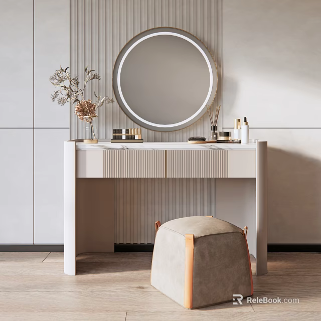 Elegant Modern Dressing Table with Round Mirror Cosmetics Vase and Stool 3d model 