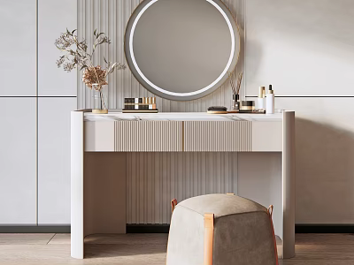Elegant Modern Dressing Table with Round Mirror Cosmetics Vase and Stool 3d model