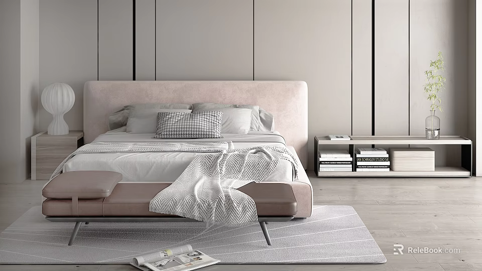 Background Double Bed With Pink Upholstered Headboard White Sheets And Gray Checkered Pillows 3d model