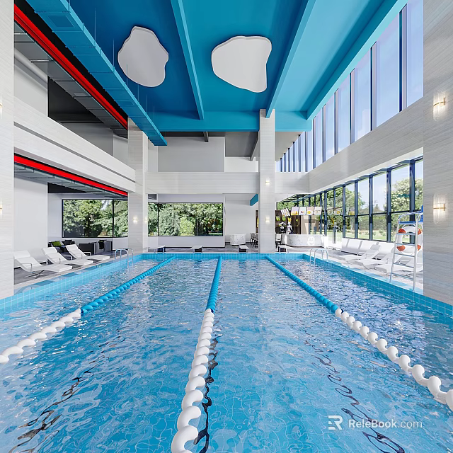 Indoor Swimming Pool With Modern Design Large Windows And Sun Loungers 3d model 