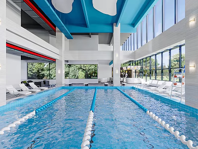 Indoor Swimming Pool With Modern Design Large Windows And Sun Loungers 3d model