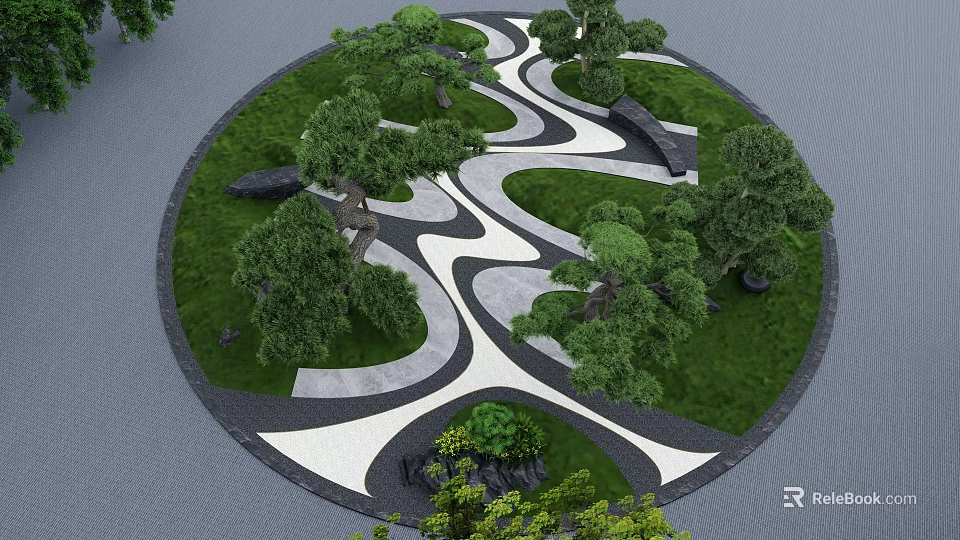 Karesansui Garden Design With Circular Layout Curved Pathways Green Trees And Black Stones 3d model 
