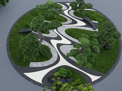Karesansui Garden Design With Circular Layout Curved Pathways Green Trees And Black Stones 3d model