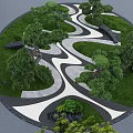 Karesansui Garden Design With Circular Layout Curved Pathways Green Trees And Black Stones