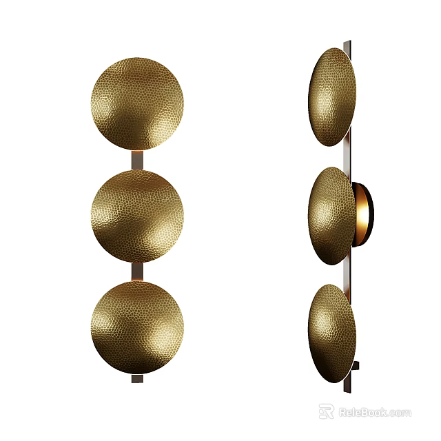 Elegant Modern Gold Wall Lamp With Three Round Hammered Brass Shades And Textured Surface 3d model 