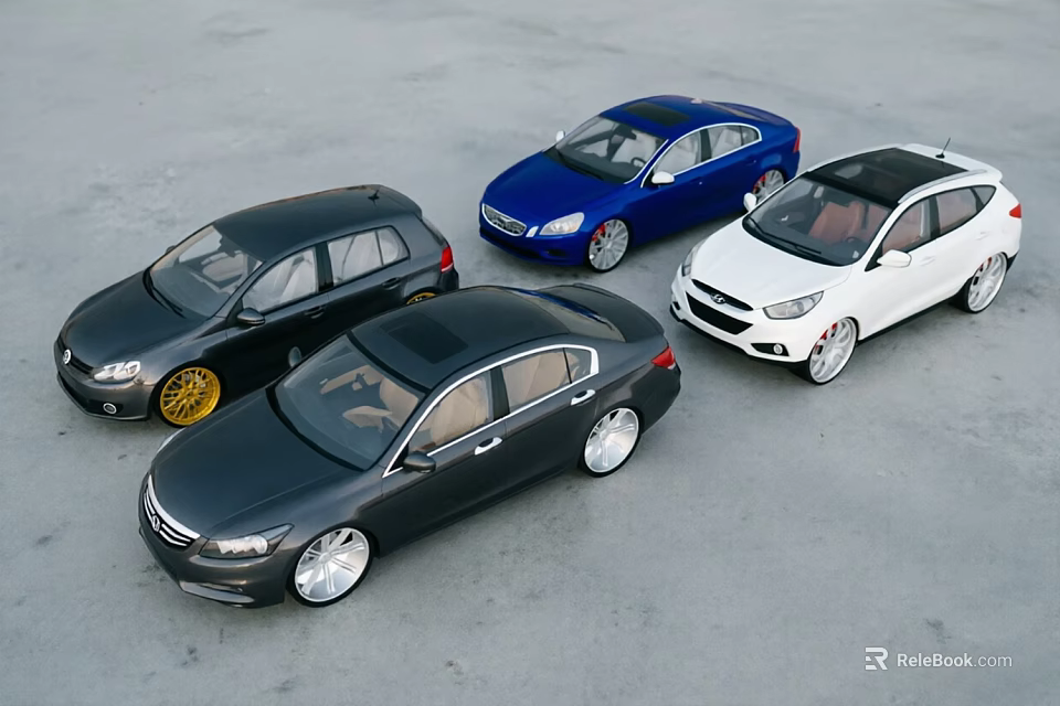 Multiple Cars in Different Colors and Models Displayed on Gray Surface Top View 3d model 