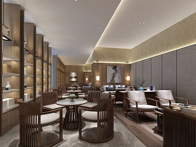 Modern Tea House Interior With Wooden Tables Chairs Bookshelves And Decorative Paintings 3d model