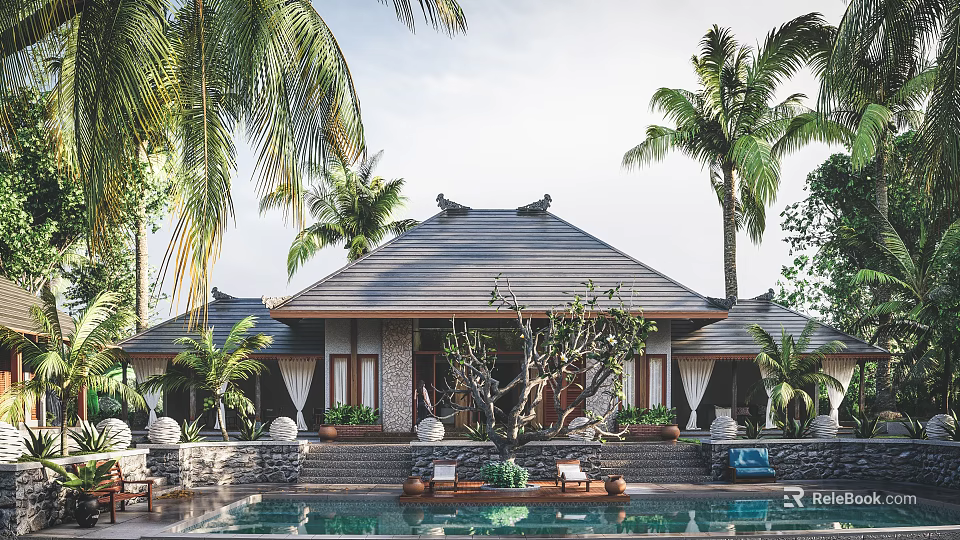 Tropical Villa with Traditional Roof Surrounded by Palm Trees and Swimming Pool 3d model 