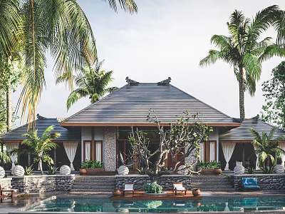 Tropical Villa with Traditional Roof Surrounded by Palm Trees and Swimming Pool 3d model